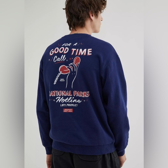 PARKS PROJECT Sweatshirt M FOR GOOD TIME CALL Graphic Long Sleeve Navy UO NWT - Picture 3 of 6